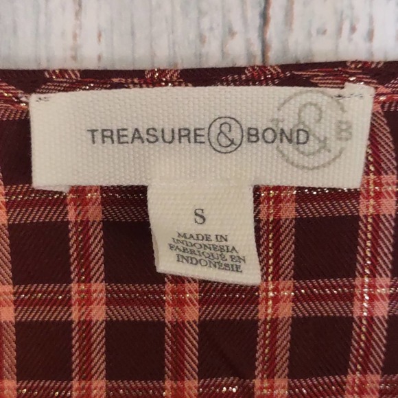 TREASURE & BOND Button Front Long Sleeve Top Brown York Plaid Medium - Picture 6 of 9
